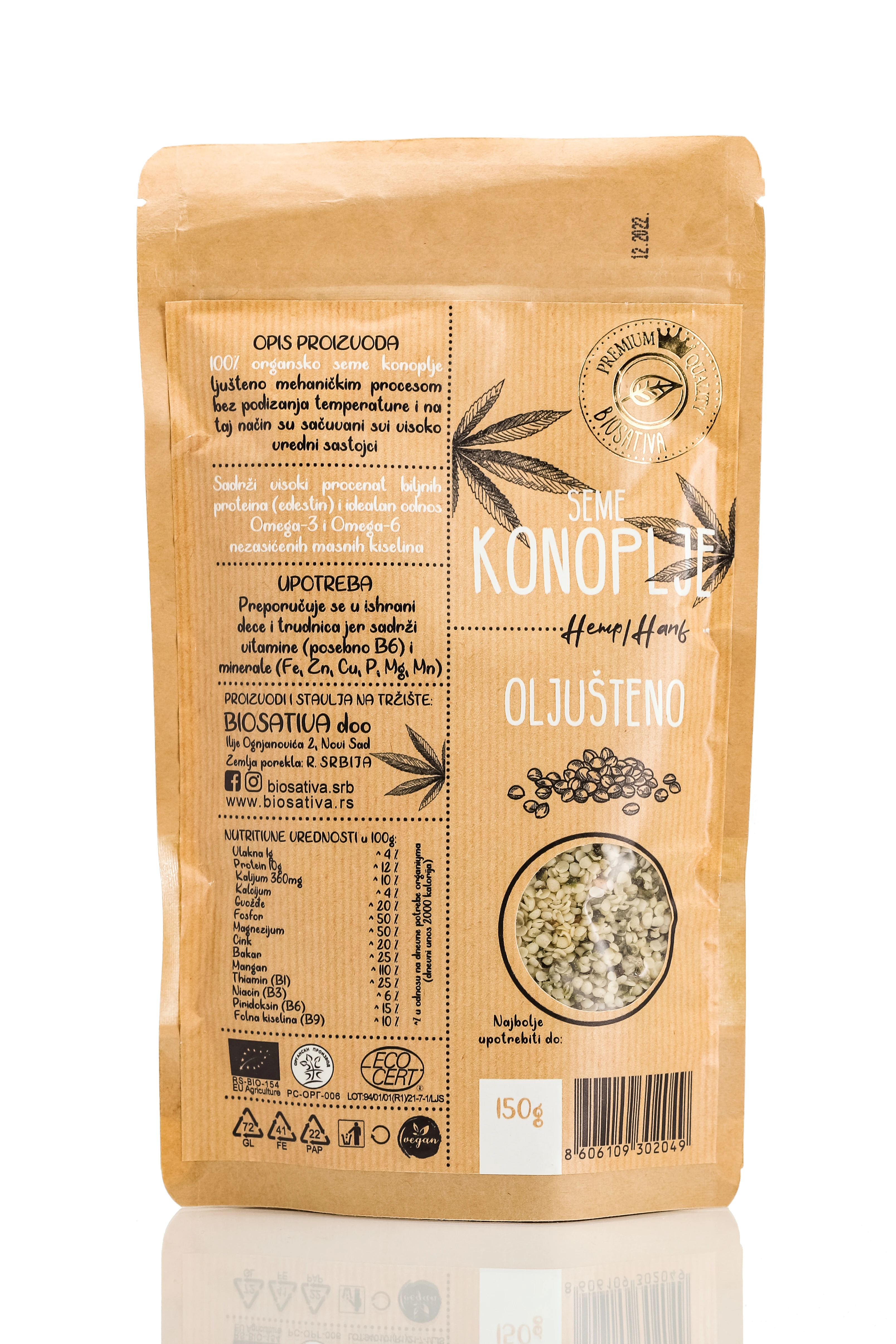 Seme konoplje oljušteno (organski proizvod) 150 g Just Superior